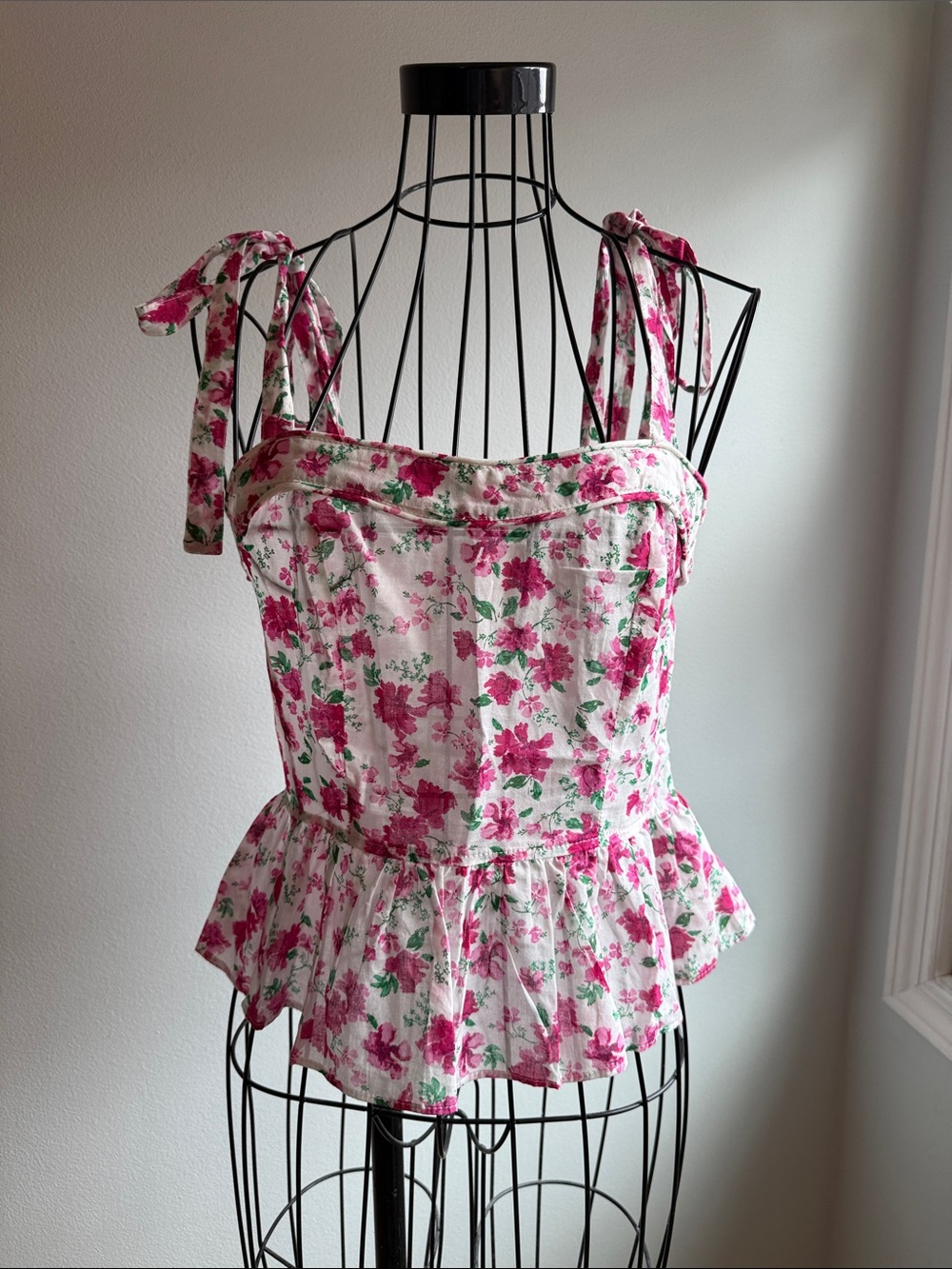 Olivaceous White Tank Top with Pink Floral Print and Tie Shoulders